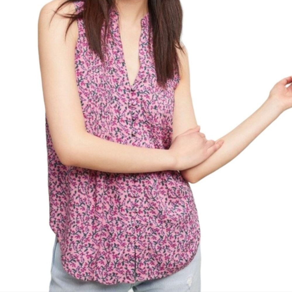 Maeve by Anthropologie Pink Petunia Pintuck Blouse Top Sleeveless Tunic Size XS